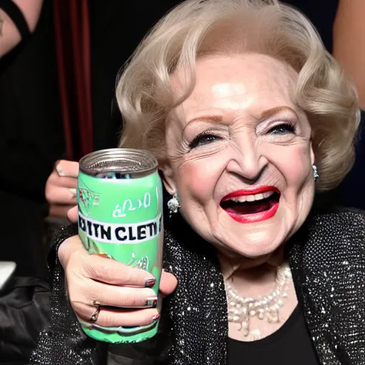 Image similar to betty white drinking white claw with miley cyrus