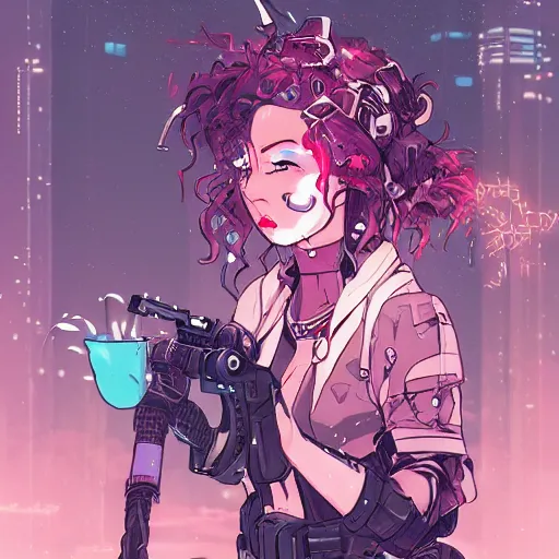 Image similar to close up, a grungy cyberpunk anime, very cute, pose pointing a bow and shouting by super ss, cyberpunk fashion, curly pink hair, night sky by wlop, james jean, victo ngai, highly detailed