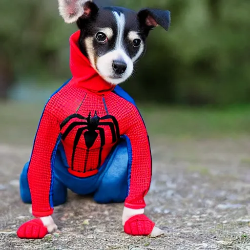 Image similar to dog wearing spiderman suit