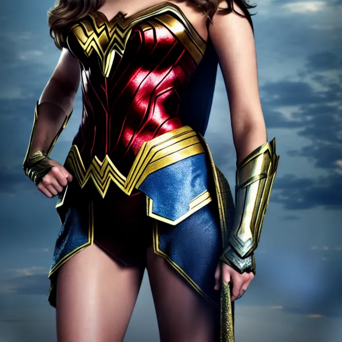 Image similar to professional full length photograph of elizabeth olsen as wonder woman. Extremely detailed. 8k