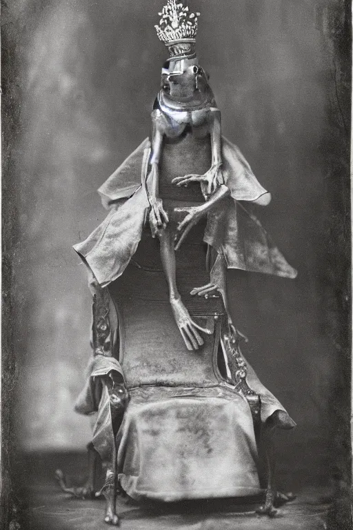 Prompt: a wet plate photo of an anthropomorphic frog sitting on a throne wearing a crown