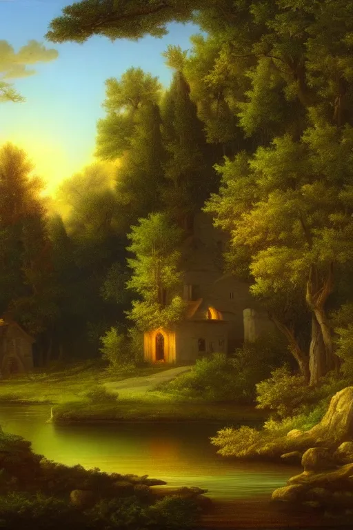 Prompt: fantasy landscape with cottage in a forest, calm serene atmosphere, in the style of hudson river school