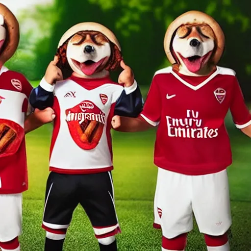 Image similar to a promo portrait of hot dogs in arsenal soccer jerseys playing football, happy,