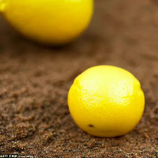 Image similar to a lemon in shape of a human with legs of lemons and round body, arms of lemons, on a beach, very realistic, high quality, volumetric light