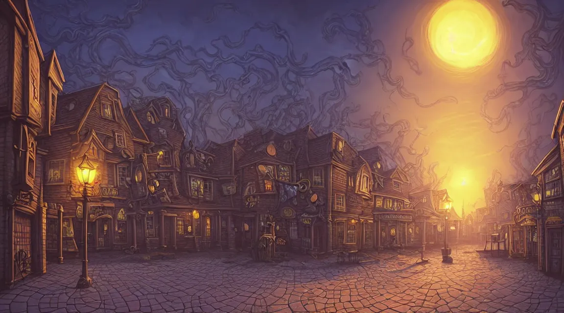 Image similar to empty lovecraftian town square surrounded by houses and inns. cthulhu statue. lovecraftian city at sunset by cyril rolando and naomi okubo and dan mumford and ricardo bofill. lovecraft. cobbled streets. oil lamp posts. lovecraftian. sunset swirly sky.