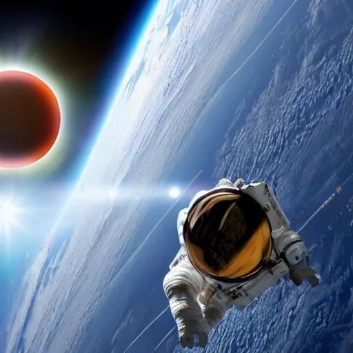 Prompt: Hyper Realistic Physchedlic Astronaut in space with a Solar Eclipse in the foreground.