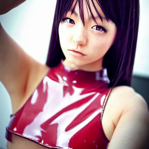 Image similar to a beautiful young japanese eimi fukada alluring instagram model in elaborate latex tank top, jrpg tank top made from latex demon faces, concept art by akira toriyama and wlop and ilya kuvshinov and artgerm. aesthetic, gorgeous, stunning, alluring, attractive, artstation, deviantart, pinterest, digital art