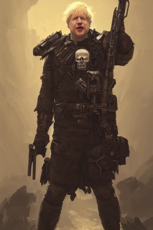 Image similar to Boris Johnson as Punisher, portrait, skull on the armor plate, highly detailed, digital painting, artstation, concept art, smooth, sharp focus, illustration, cinematic lighting, art by artgerm and greg rutkowski and alphonse mucha