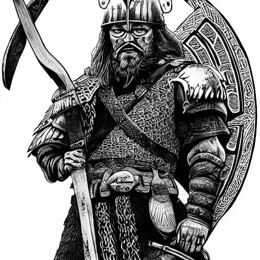 Image similar to viking warrior illustration, 4k detailed, black ink on white paper, how to draw