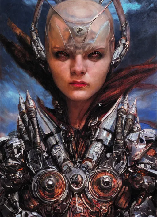 Prompt: symmetry! closeup middle biblical diabolical pirate cyborg girl! stylish armor, heavy eyes to the side, closeup, bright glowing eyes, in clouds, rain, sunset, portrait, by gerald brom, by mikhail vrubel, by peter elson, muted colors, extreme detail, mirrors, trending on artstation, 8 k