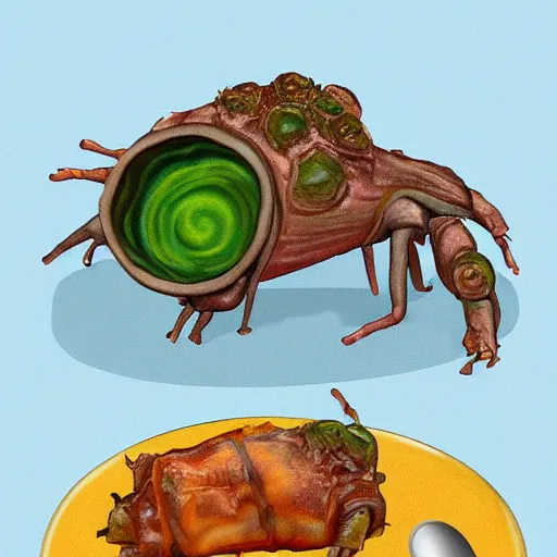 Prompt: a plate of a wholesome dinner of roasted tardigrade with a side of green mucus, digital art