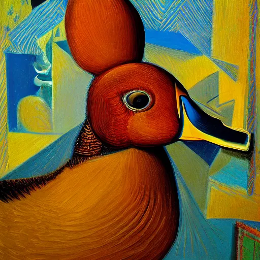 Prompt: Intricate five star Duck portrait by Pablo Picasso, oil on canvas, HDR, high detail, Photo realistic, hyperrealism,matte finish, high contrast, 3d depth, masterpiece, vivid and vibrant colors, enhanced light effect, enhanced eye detail,artstationhd