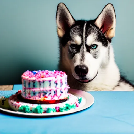 Prompt: a high - quality photo of a cute husky with a birthday cake, 4 5 mm, f 3. 5, sharpened, iso 2 0 0, raw, food photography