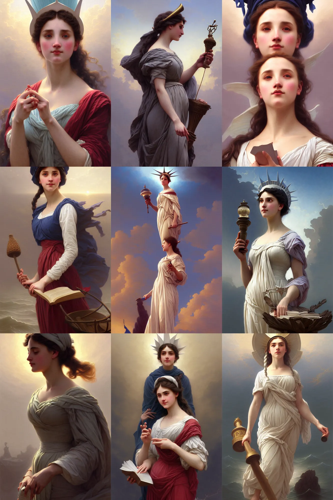 Prompt: depiction of miss liberty, illustration by mandy jurgens and william adolphe bouguereau, artgerm, 4 k, digital art, surreal, highly detailed, artstation, digital painting, concept art, smooth, sharp focus, illustration by mandy jurgens and william adolphe bouguereau