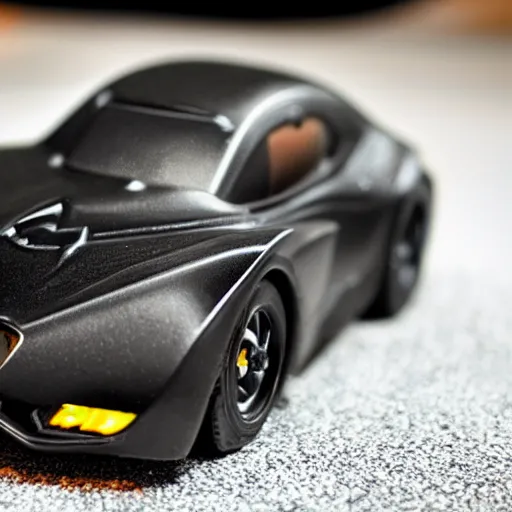 Image similar to 5 5 mm photo of metallic black batman car like hot wheels model with a batcave as background