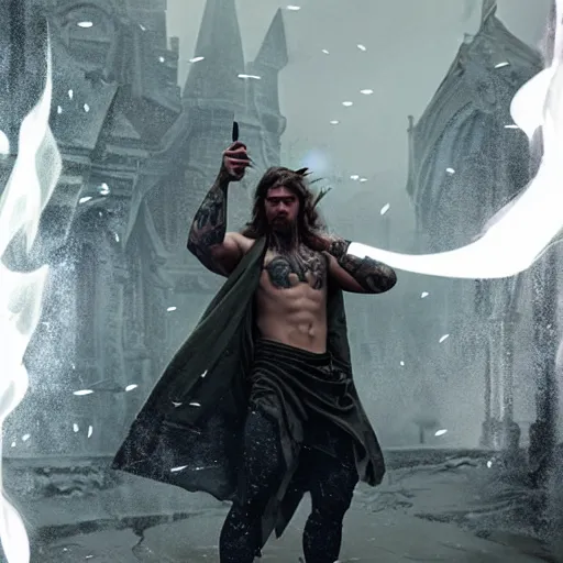 Image similar to tattooed gym bro mage in an ice storm magic spell vfx, diagonal spell vfx, fantasy game spell, fantasy epic digital art, by greg rutkowski, gaston bussiere, craig mullins, j. c. leyendecker, tom of finland