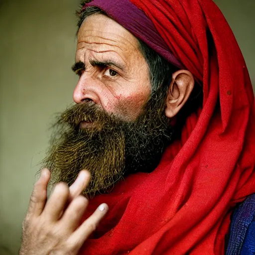 Image similar to portrait of matt christman as afghan man, green eyes and red scarf looking intently, photograph by steve mccurry