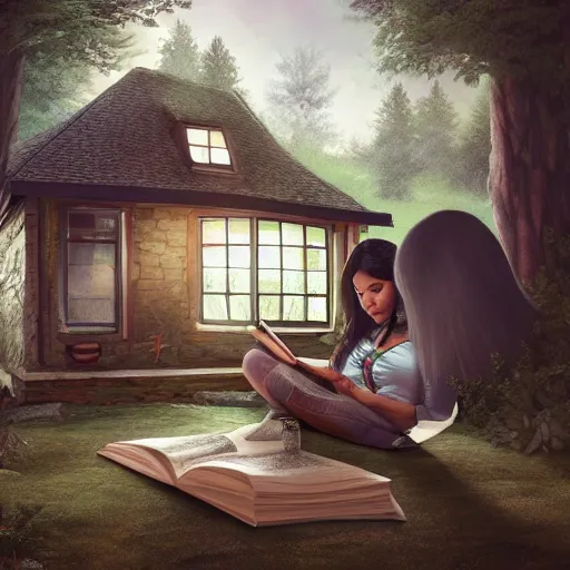Image similar to a brown female author writing a book in a cottage in the woods, detailed digital art, trending on artstation, realistic! 8k