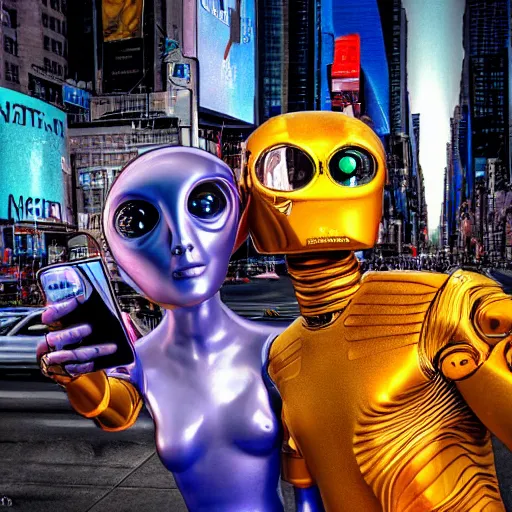 Prompt: an alien and a robot taking a selfie together in new york, times square, digital art by bob eggelton and jim burns