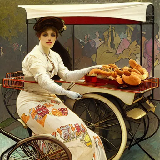 Image similar to a Hot-Dog-Cart selling in new york city art by alphonse mucha and Monia Merlo and Raymond Swanland