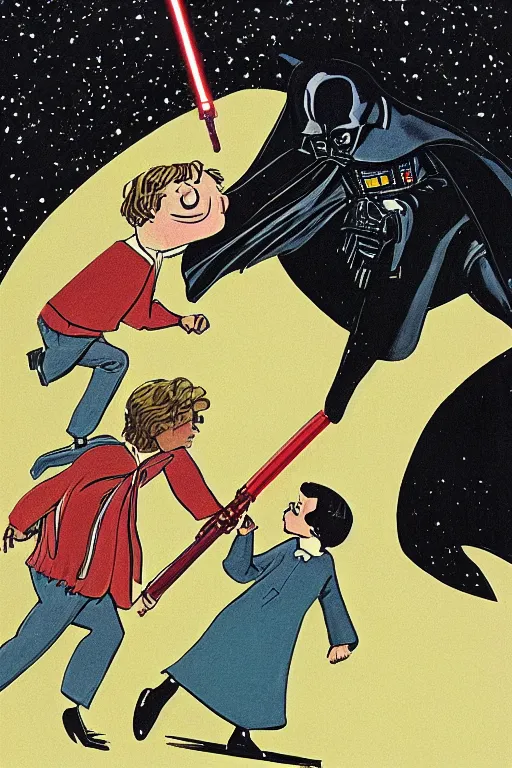 Image similar to an illustration of harry potter fighting darth vader of goodnight moon by margaret wise brown