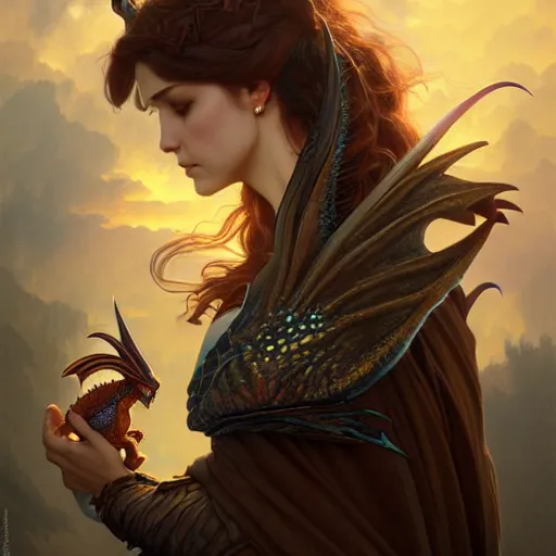 Image similar to Portrait of female sorcerer and her pet dragon, epic dark fantasy, medium shot, intricate, elegant, highly detailed, digital painting, artstation, concept art, smooth, sharp focus, illustration, art by artgerm and greg rutkowski and alphonse mucha