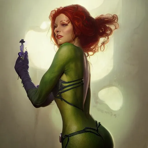 Image similar to a beautiful and detailed matte painting of poison ivy dressed as a hospital nurse, fantasy, d & d, dark eyeliner, intricate, elegant, highly detailed, digital painting, artstation, concept art, matte, sharp focus, illustration, art by greg rutkowski and alphonse mucha