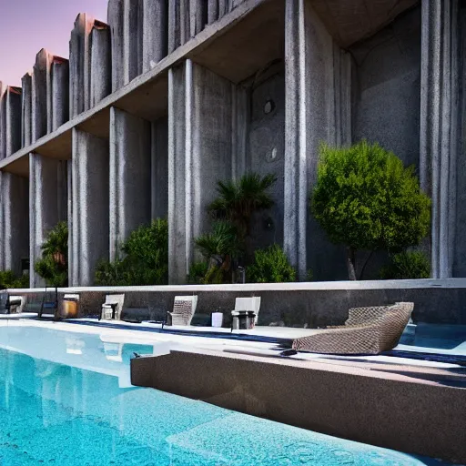 Image similar to brutalism hotel in the desert, biophilia mood, pool, garden, highly detailed, cinematic, photorealistic,