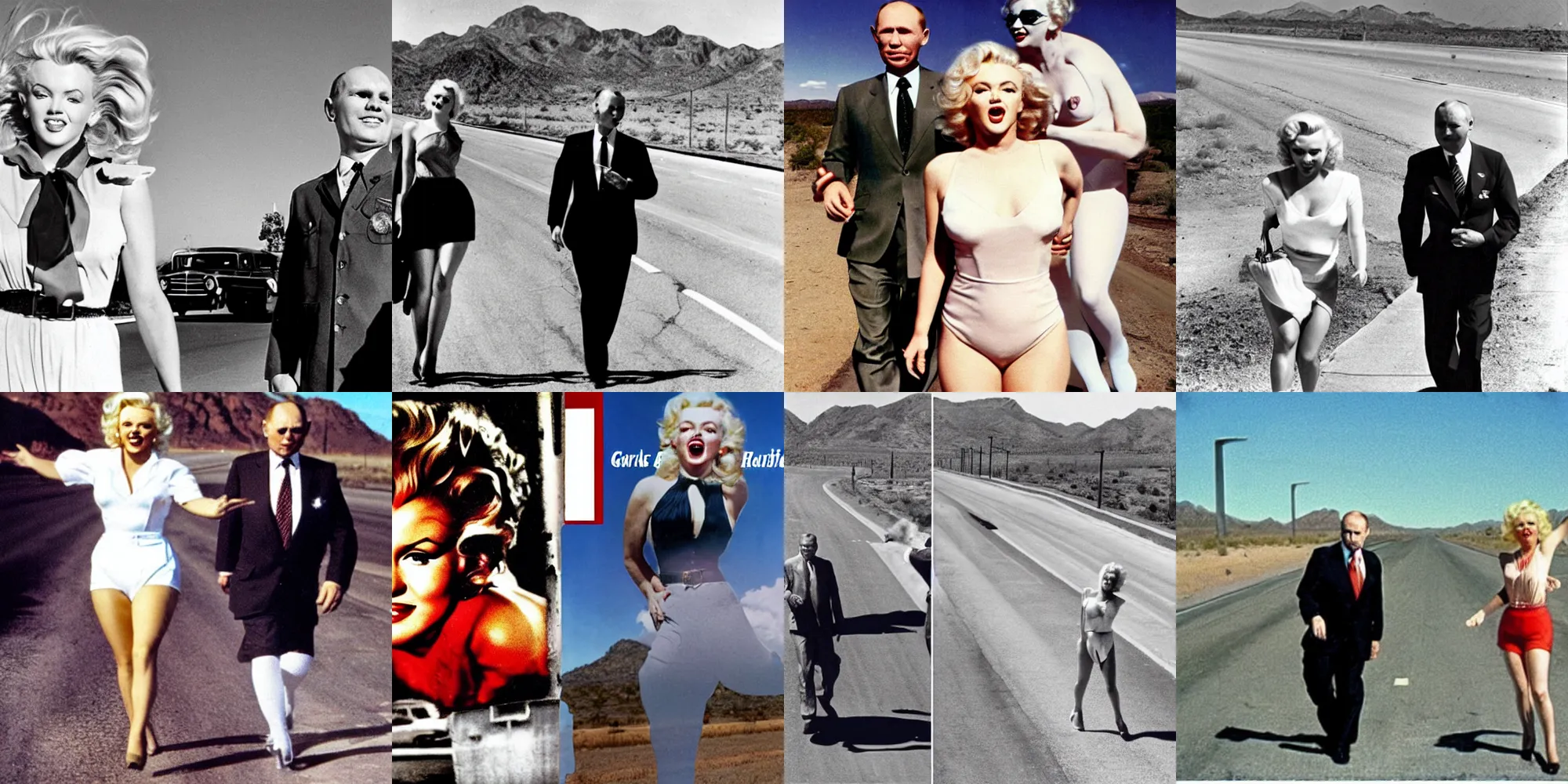 Prompt: yuri gagarin's head on putins body and marilyn monroe walking down the highway in arizona