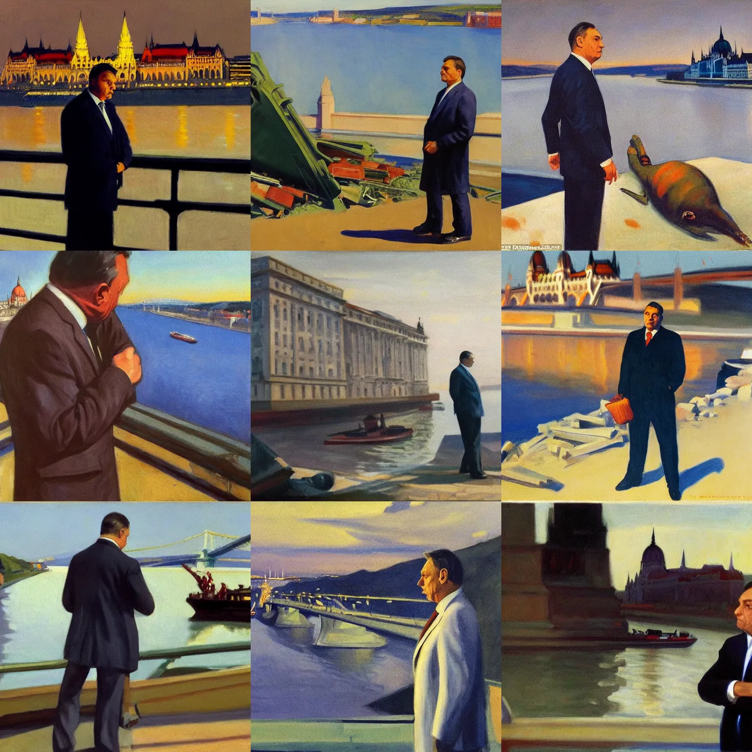 Prompt: viktor orban with highly detailed face standing next to danube looking at the destroyed lanchid in budapest, by edward hopper