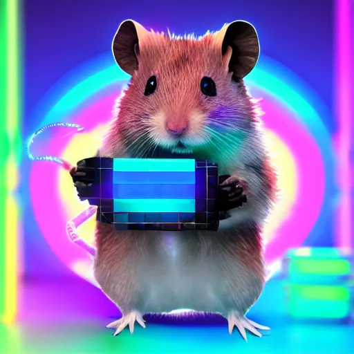 Image similar to cyberpunk hamster! holding rainbow! gem! crystal, neon lights, light reflection, 8 k, hd