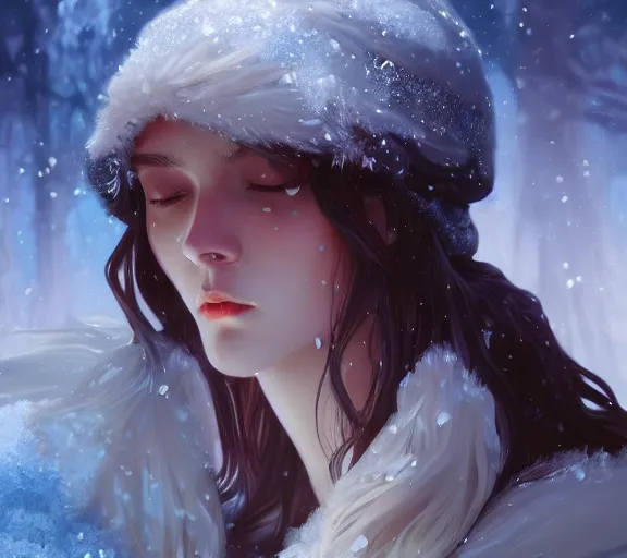 Image similar to beautiful ancient frost witch, fire in eye, snow glow, pool party, highly detailed, digital painting, artstation, sharp focus, illustration, art by tan zi and ayanamikodon and alphonse mucha and wlop