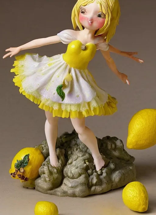 Prompt: a wholesome femo figurine of a cute funny lemon fairy with freckles wearing a frilly floral lemon dress featured on dark souls by studio ghibly and h r giger made of lemon curd jar, pastels, wide angle, dynamic dancing pose, 🎀 🍋 🧚