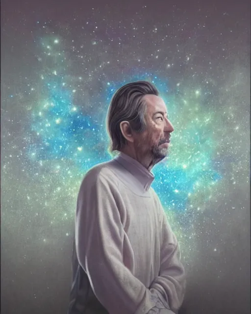 Prompt: alan watts floating in the universe portrait painting highly detailed procreate, 3d render senior artist, photorealistic, textured, featured on artstation