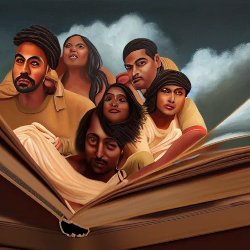 Image similar to a painting of three brown men and a brown woman emerging out of a giant open book, hyperrealistic faces, detailed digital art, aesthetic!, trending on artstation