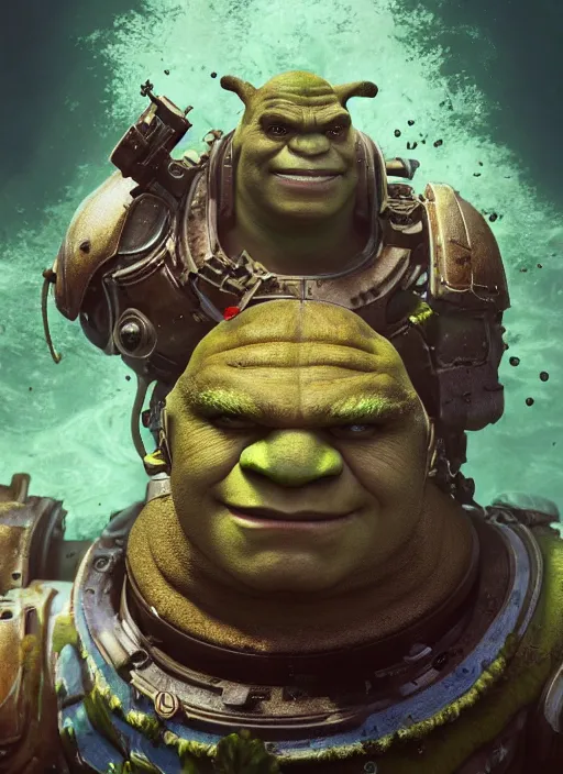 Prompt: underwater portrait of shrek as the space marine, apocalypse, naturel, hyper detailed, digital art, trending in artstation, cinematic lighting, studio quality, smooth render, unreal engine 5 rendered, octane rendered, art style by klimt and nixeu and ian sprigger and wlop and krenz cushart.