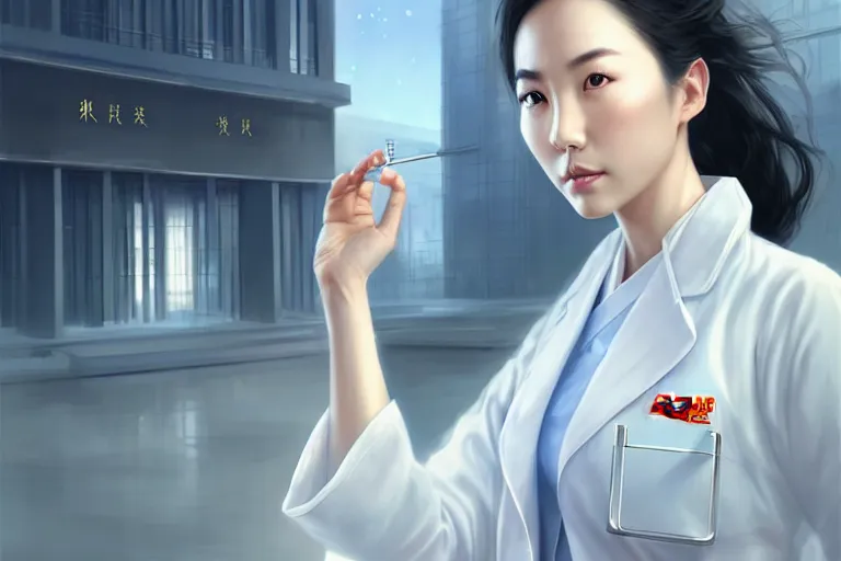 Image similar to an elegant and beautiful chinese female doctor in a white coat in front of a hospital building, cinematic, highly detailed, digital painting, artstation, concept art, matte, sharp focus, illustration, art by artgerm and greg rutkowski