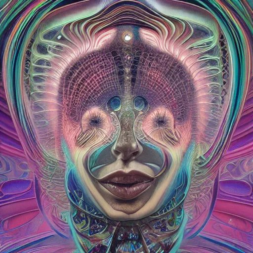 Image similar to queen of the galaxy by alex grey, zaha hadid, zdzisław beksinski, alphonse mucha. highly detailed, hyper - real, very beautiful, intricate fractal details, very complex, opulent, epic, mysterious, polished, futuristic design, trending on deviantart and artstation