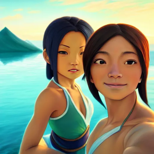 Image similar to beautiful serene intricate portrait of katara and toph beifong taking a selfie, smiling softly, relaxing on the beach, golden hour, soft focus, 8 k, art by irakli nadar, hyperrealism, hyperdetailed, ultra realistic