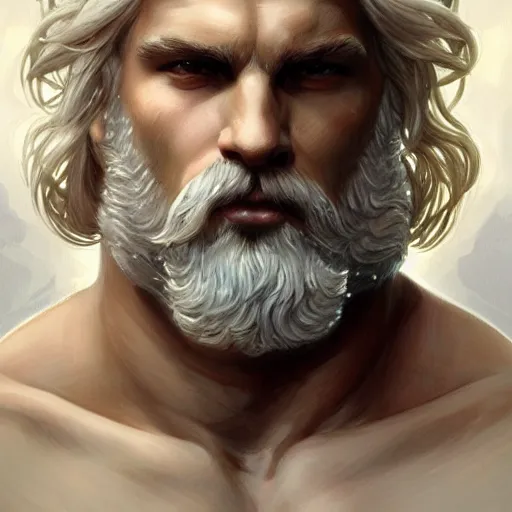Prompt: portrait of mighty zeus, greek god, white hair, soft hair, d & d, muscular, hairy torso, fantasy, intricate, elegant, highly detailed, digital painting, artstation, concept art, smooth, sharp focus, illustration, art by artgerm and greg rutkowski and alphonse mucha