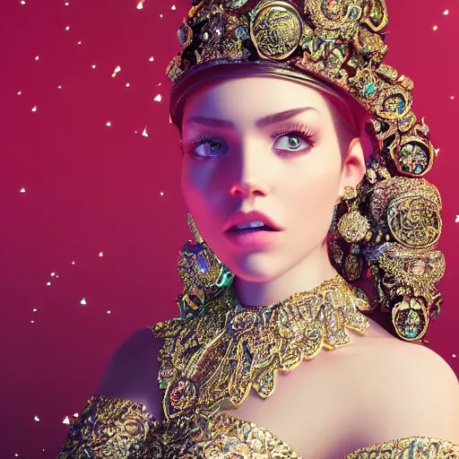 Image similar to portrait of pretty princess with perfect skin, glowing, ornate and intricate diamond jewelry, jaw dropping beauty, ornate and intricate backdrop, white accent lighting, hyper detailed, 4 k octane render