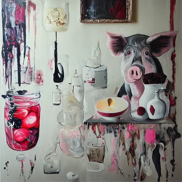 Image similar to “ a portrait in a female art student ’ s apartment, sensual, a pig theme, pork, pottery supplies, pottery work in progress, a candle dripping white wax, pottery glaze, squashed berries, berry juice drips, acrylic and spray paint and oilstick on canvas, surrealism, neoexpressionism ”