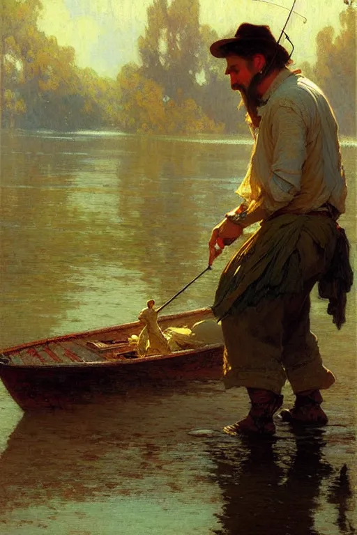 Image similar to attractive man, fishing, cool colors, painting by gaston bussiere, craig mullins, greg rutkowski, alphonse mucha