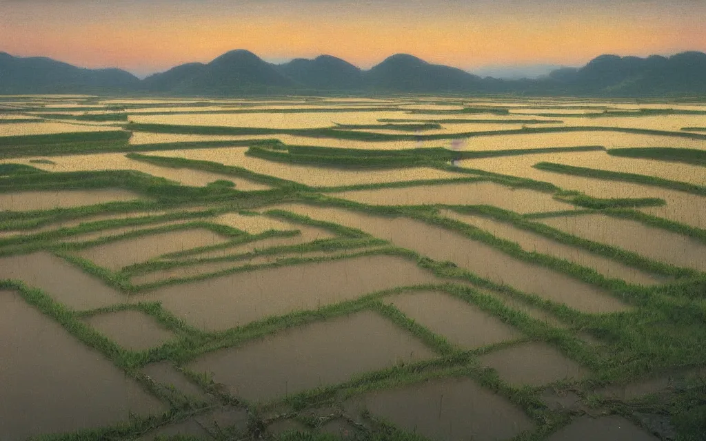 Prompt: tonalism nonviolent alpenglow reflecting flooded rice paddies terraces in japan