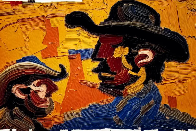 Prompt: an extremely detailed masterpiece painting of a cowboy gunslinger facing off a professional gunslinger from a low angle in tucson, in the style of frank auerbach, epic scene, tensive mood