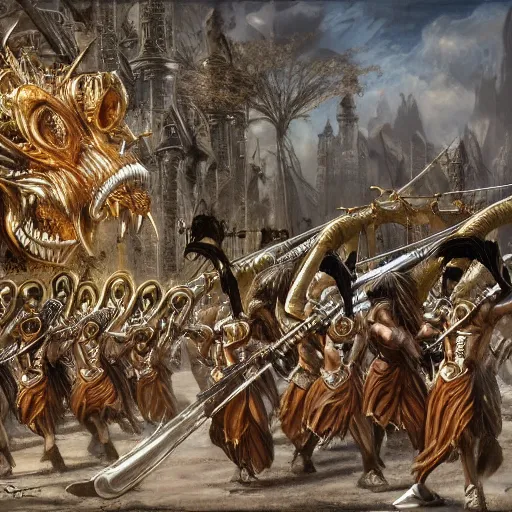 Image similar to marching band playing music, intricate detail, royo, vallejo, frazetta, giger, whealan, hd, unreal engine,