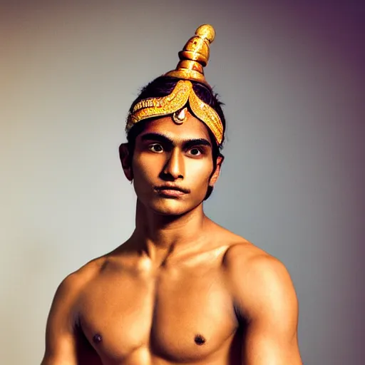 Prompt: a portrait of a beautiful athletic young male indian god, photographed by andrew thomas huang, artistic