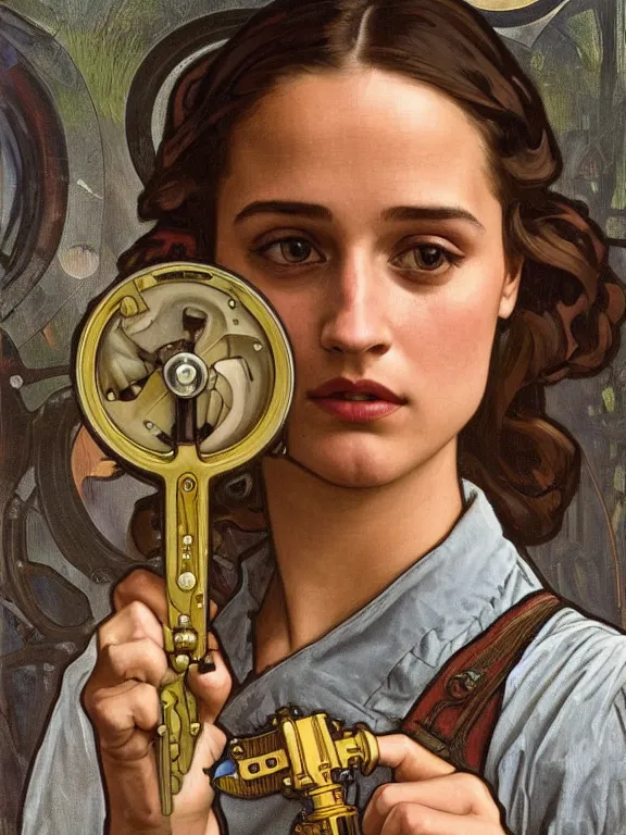 Image similar to an art nouveau style head and shoulders portrait oil painting of a pretty young alicia vikander as a mechanic in a dirty coveralls holding a wrench, in front of a round, complex rotary airplane engine, intricate, detailed, smooth, complex, elaborate, by alphonse mucha and james gurney and john william waterhouse