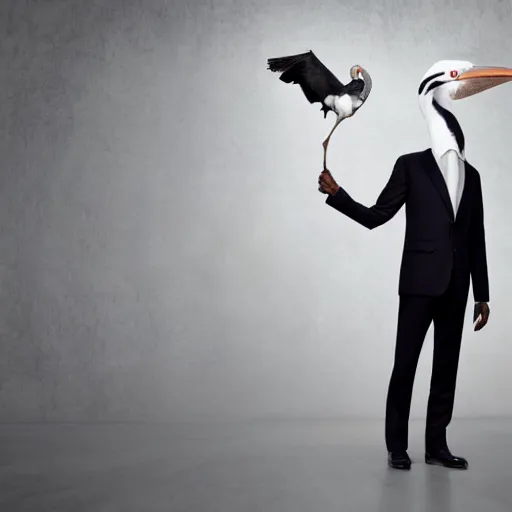 Image similar to stock photo of a man in a suit wearing a latex mask of a shoebill stork, realistic proportions, white background, rim lighting, dramatic