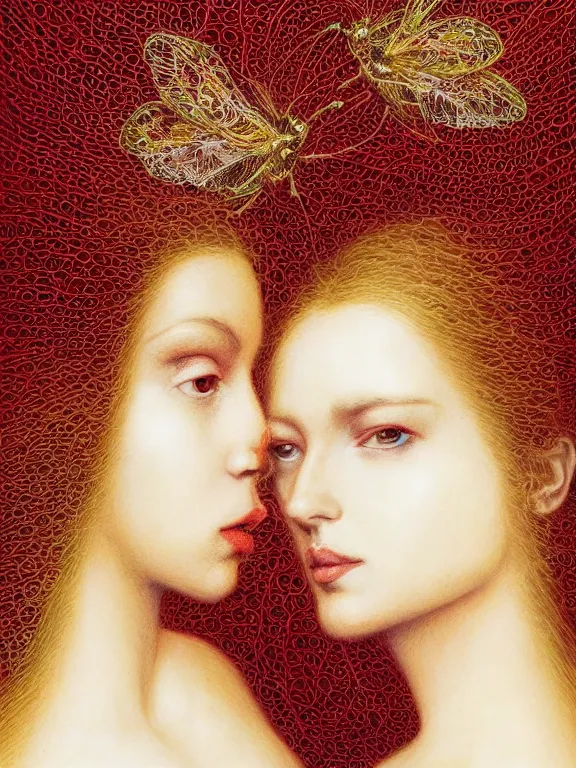 Image similar to a beautiful portrait render of two red veiled queen with symmetry intricate detailed ,heart,love,crystal-embellished,by Daveed Benito,LEdmund Leighton,peter gric,aaron horkey,Billelis,trending on pinterest,rococo,hyperreal,gold,silver,ivory,maximalist,glittering,golden ratio,cinematic lighting